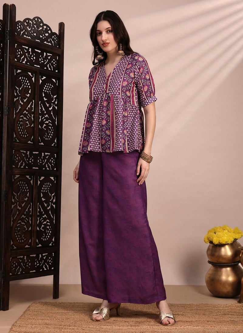Globus Women Purple Ethnic Print V-Neck Gathered Detail Tunic & Mid Rise Wide Leg Trouser Fusion Co-Ord Set - Image 3